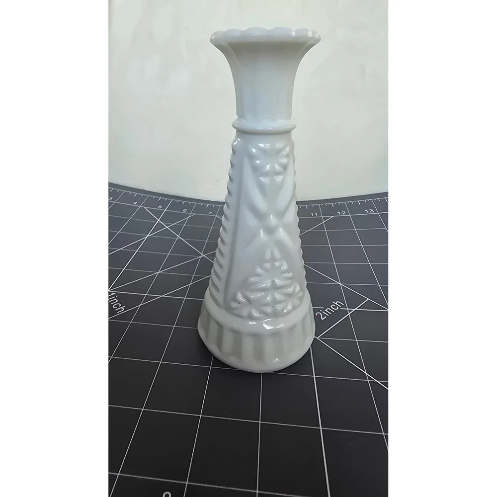 Vintage White Milk Glass Bud Vase Stars and Bars Pattern Scalloped Rim 6.25in